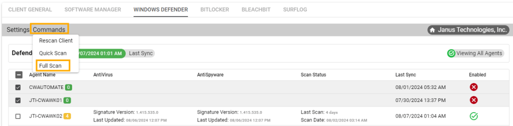 Client Windows Defender commands full scan