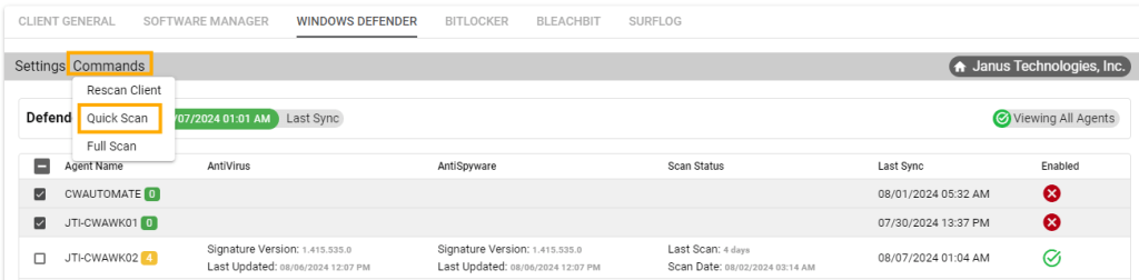 Client Windows Defender commands quick scan