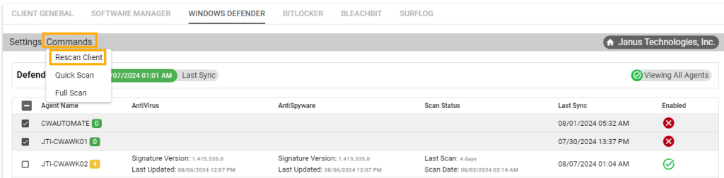 Client Windows Defender commands rescan client
