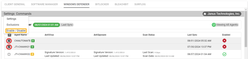 Client Windows Defender enable disable agents