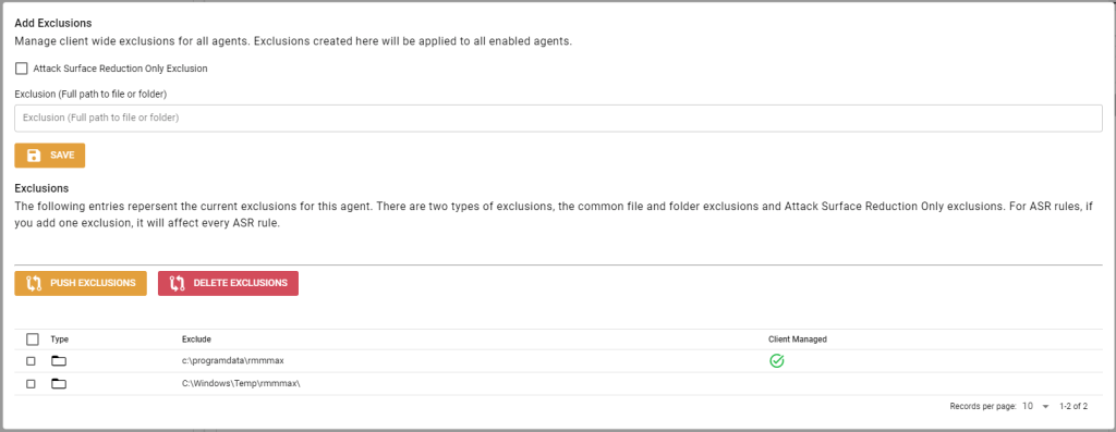 Windows Defender Agent exclusions form