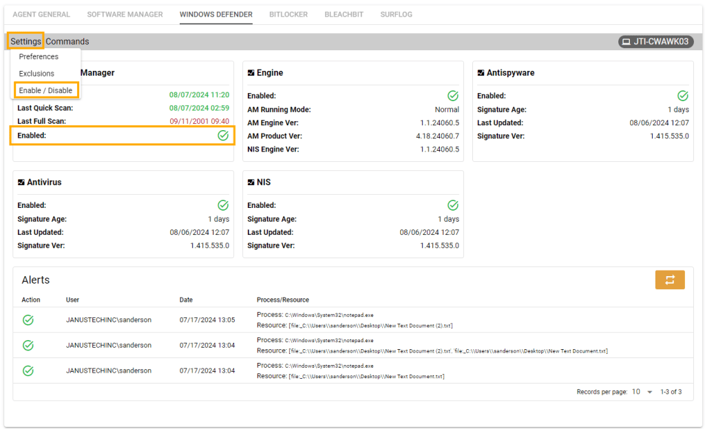 Windows Defender Agent enable