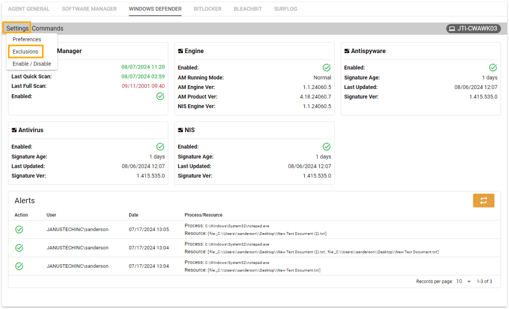 Windows Defender Agent exclusions