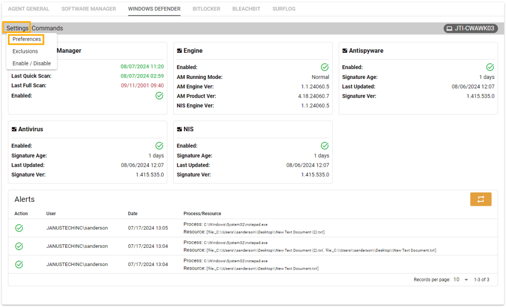 Windows Defender Agent preferences