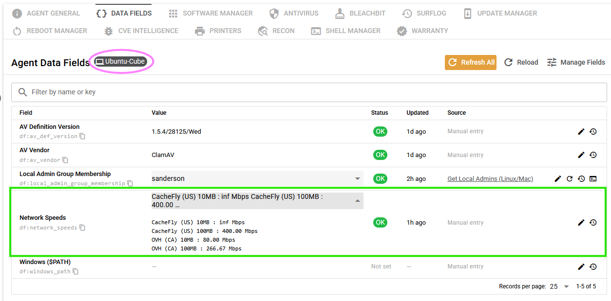 Linux agent Data Fields showing current network speed results created by a Shell Manager script