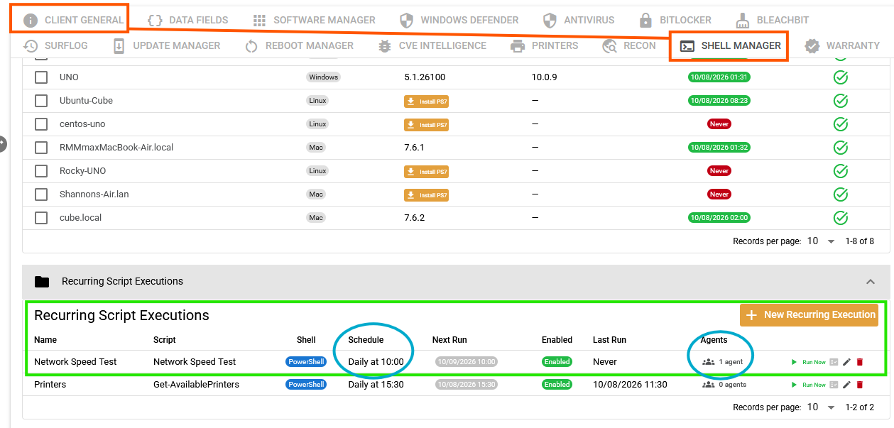 Client Shell Manager showing recurring script executions scoped to agents