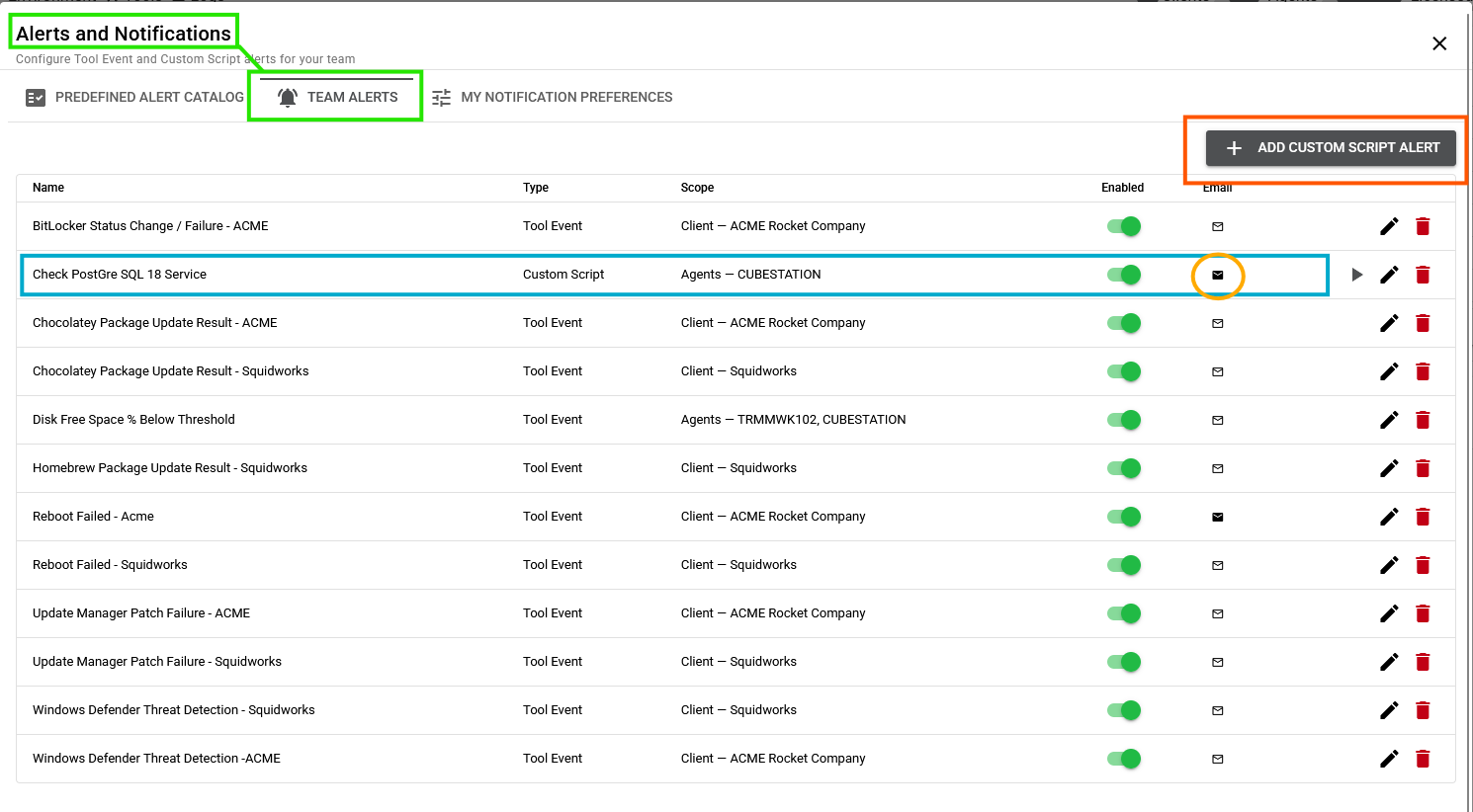 RMMmax Alerts and Notifications showing team alerts, custom script alerts, and email delivery